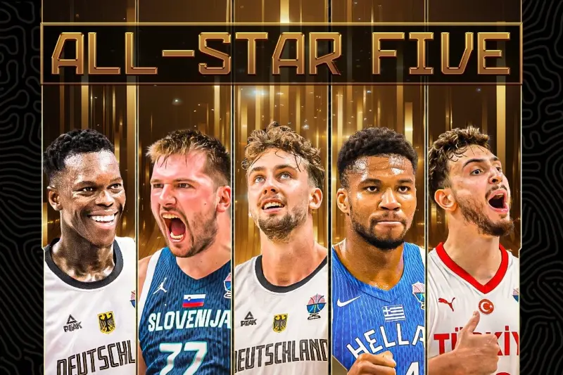 ▲2025年FIBA歐洲籃球錦標賽（EuroBasket 2025）全明星最佳五人正式出爐，由捧起金盃的德國雙槍施羅德（Dennis Schroder）、華格納（Franz Wagner）領銜。（圖／取自歐錦賽X）