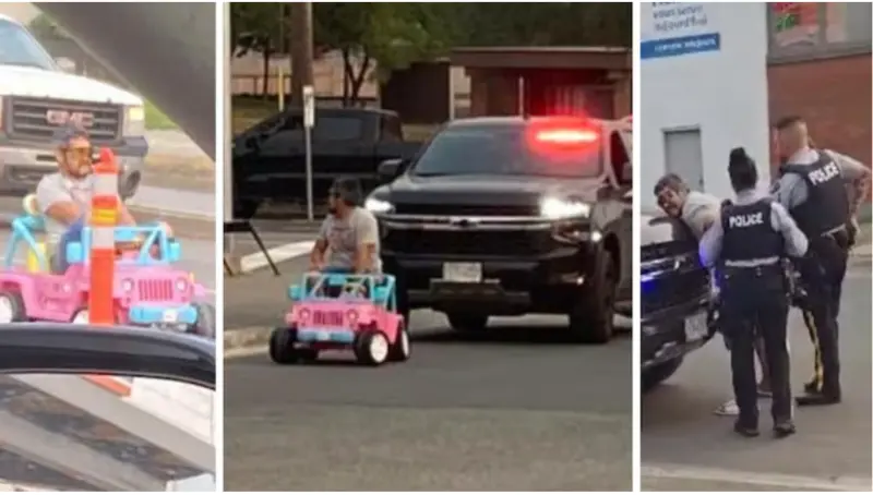 ▲加拿大英屬哥倫比亞省，近日發生一起令人傻眼的交通違規事故，1名男子將自己塞進粉紅色的娃娃車，在馬路上趴趴走，後來被發現他不但酒駕，還沒有駕照。（圖／翻攝自CBC）