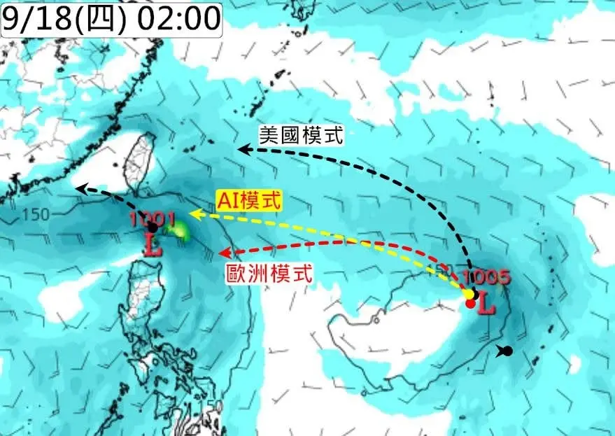▲本週四（9/18）開始台灣南方將有兩個低壓擾動發展，都有可能增強為颱風，路徑對台灣影響不確定性大。（圖／觀氣象看天氣粉專）