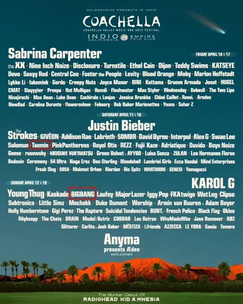 ▲Coachella（科切拉音樂節）2026年的表演名單，BIGBANG、泰民確定出席。（圖／coachella.com）