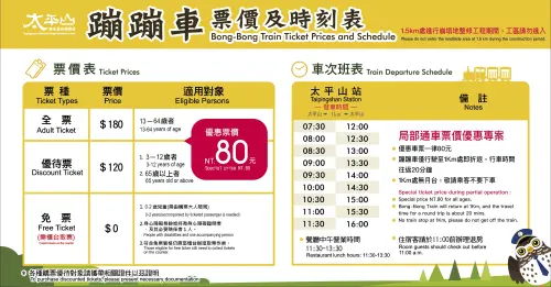 ▲太平山蹦蹦車全線復駛後票價及時刻表。（圖／太平山）
