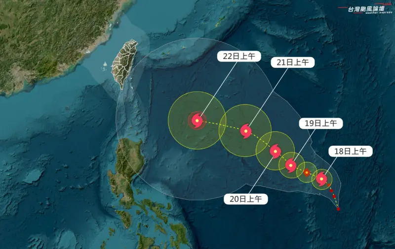 ▲準樺加沙颱風目前位於關島西方海域，將沿著高壓邊緣移動，是否侵襲台灣尚有變數，但以這個大氣環流配置，從台灣附近通過的機率很高，預估會是一個又大又強的颱風。（圖／台灣颱風論壇｜天氣特急）