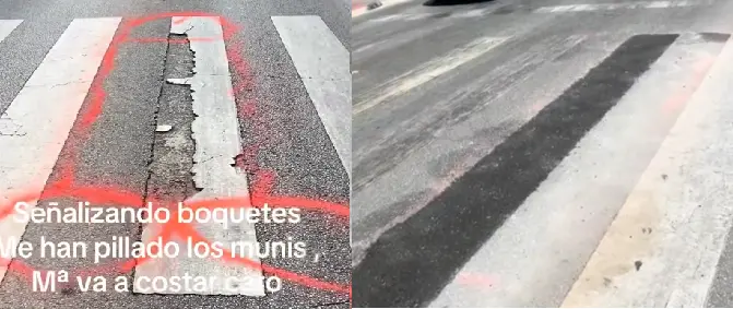 ▲西班牙一名男子不滿馬路上坑洞多年不補，在坑洞上畫上「紅色大老二」陰莖圖案，雖被罰款但在幾日後真的成功被修補。（圖／翻攝自Tiktok）