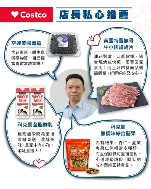 ▲美國藍莓、科克蘭全脂鮮乳、綜合堅果以及無骨牛小排，也是店長推薦的品項。（圖／好市多官方IG）
