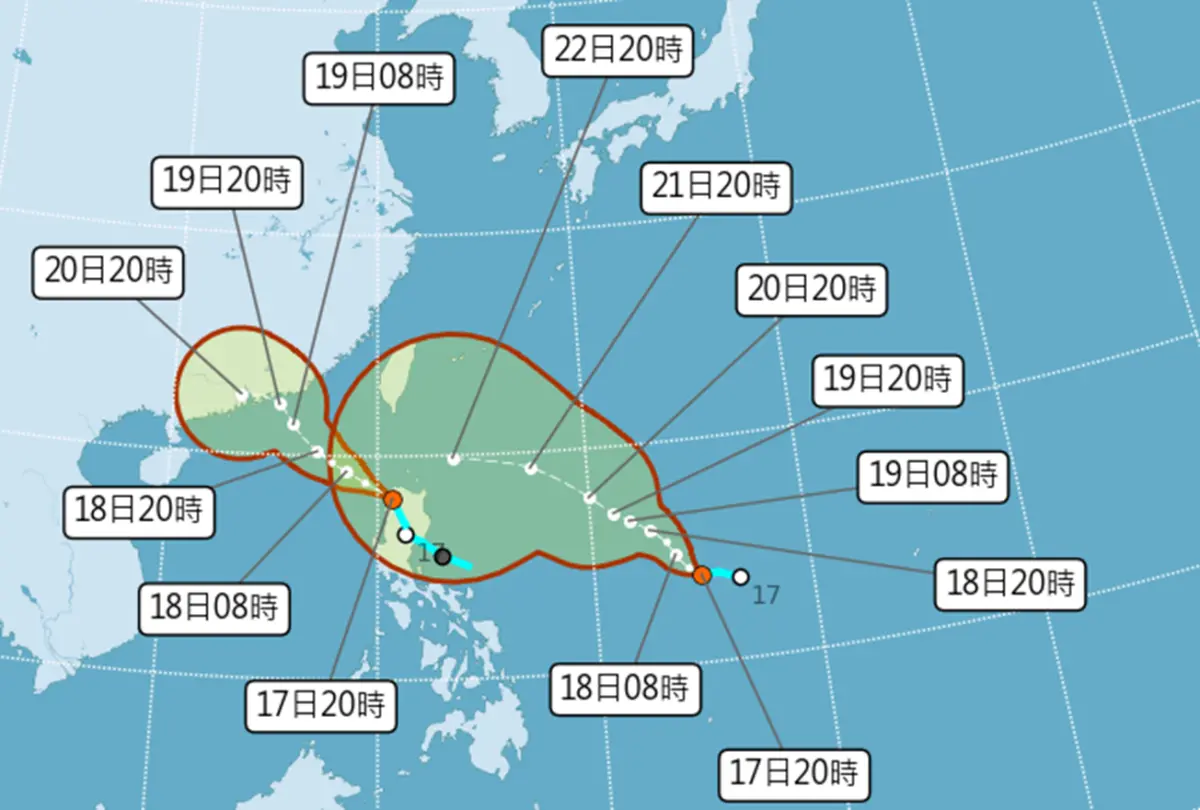 ▲據中央氣象署今（17）日晚間8點最新預報，TD20 對台灣的影響將在明日達到最劇烈，而 TD21 在移動過程中持續增強，預計下週一將以中度颱風等級逼近台灣。（圖／中央氣象署cwa.gov.tw）