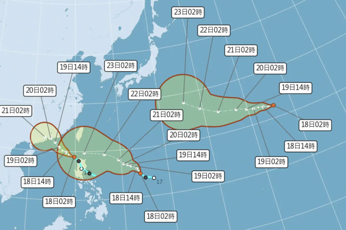 ▲西北太平洋出現3個熱帶低壓，將接續發展為颱風「米塔、樺加沙、浣熊」。（圖／中央氣象署）