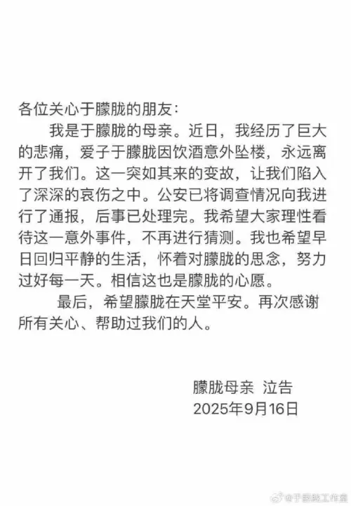 ▲于朦朧母親聲明，因為太沒有情感被質疑遭施壓。（圖／翻攝自于朦朧工作室）