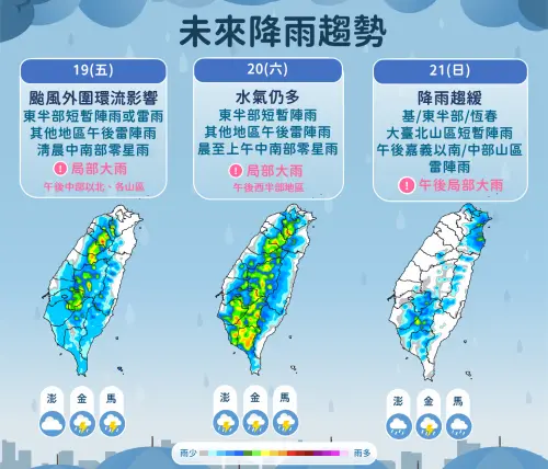 ▲米塔颱風圍環流影響，週五、週六替東半部帶來雨勢，週日是短暫的降雨空檔，各地雨勢趨緩。（圖／中央氣象署cwa.gov.tw）