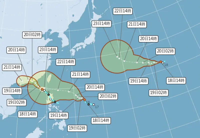 ▲西北太平洋「三颱共舞」的奇景再次出現，今（18）日下午米塔颱風生成後，今天晚上，颱風「樺加沙、浣熊」也幾乎同時生成。（圖／中央氣象署cwa.gov.tw）