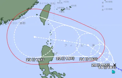▲日本氣象廳預測，TD21準颱風到了9月23日（週二）最靠近台灣之時，暴風圈的半徑將達到370公里。（圖／日本氣象廳）