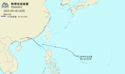 ▲「台灣颱風論壇｜天氣特急」表示，TD21下週一至下週二最接近台灣，高機率穿越巴士海峽，而且預期會是個中颱以上，範圍廣大的颱風。（圖／NCDR）