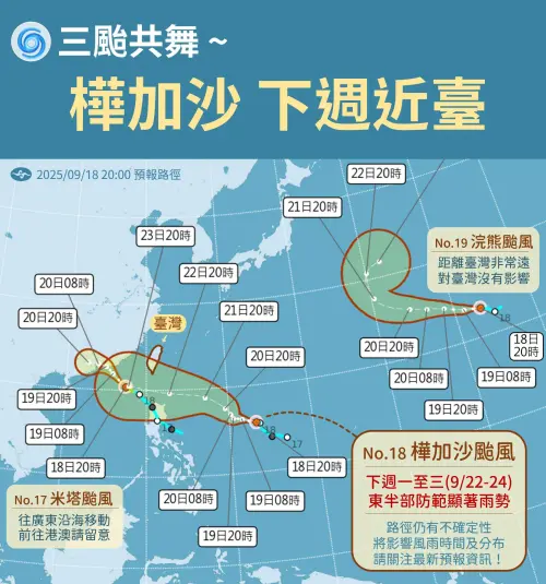 ▲樺加沙颱風目前位於菲律賓東方海面，未來將朝西北方前進，逐漸接近台灣東南方海面至巴士海峽一帶，將對台灣下週天氣將帶來影響。（圖／中央氣象署cwa.gov.tw）