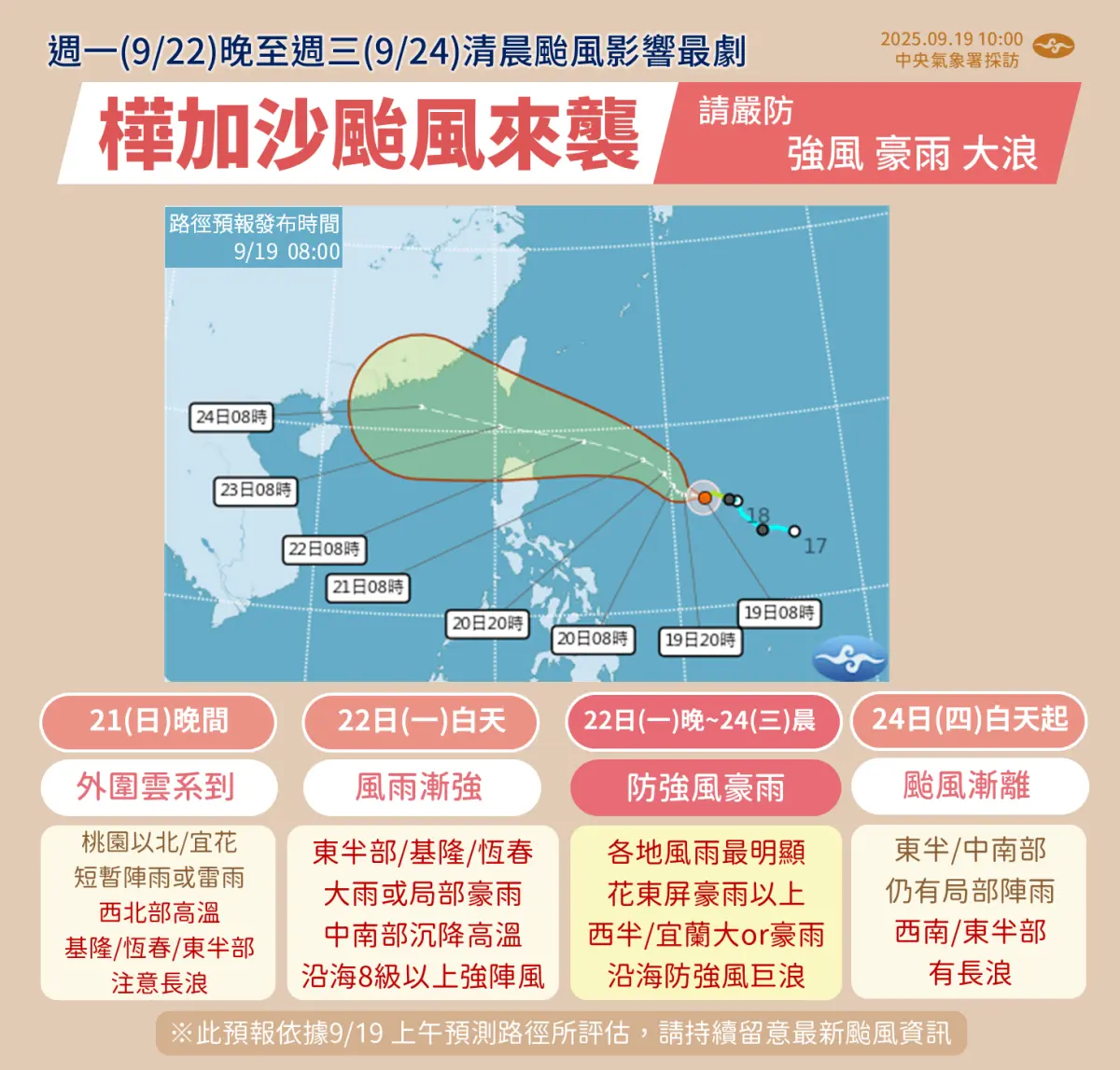 樺加沙颱風恐升強颱！氣象署：難逃強風豪雨 「侵台時間軸」出爐
