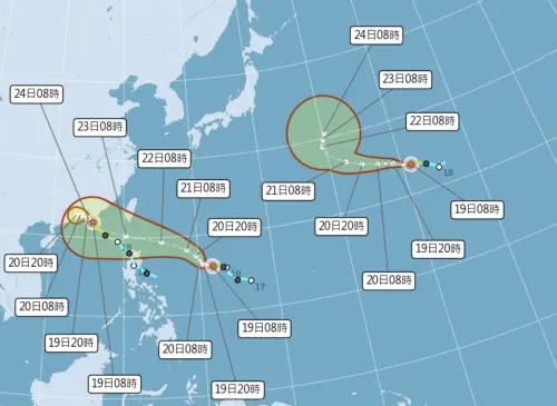 ▲目前西北太平洋有3個颱風發展中，分別是最西邊的米塔、中間的樺加沙，和最東邊的浣熊。（圖／中央氣象署cwa.gov.tw）
