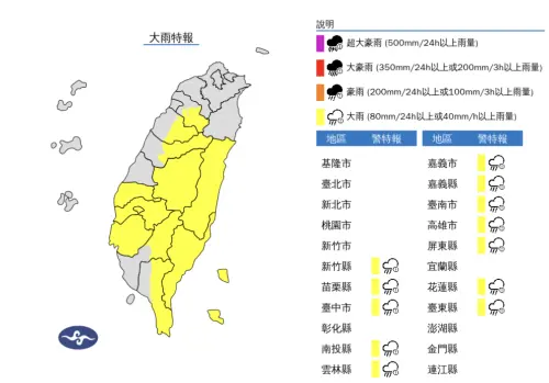 ▲今天南投、雲林至臺南、花蓮、臺東地區、蘭嶼、綠島、恆春半島及新竹以南山區有局部大雨發生的機率。（圖／中央氣象署cwa.gov.tw）