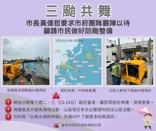 ▲三颱共舞，台南市長黃偉哲要求市府團隊嚴陣以待也請市民做好防颱。（圖／南市府提供）