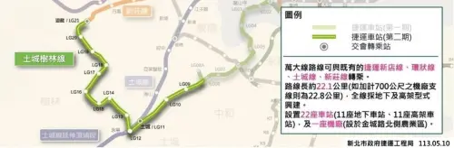 ▲土城樹林線路線圖。規劃為中運量捷運，全長13.3公里，設2座地下車站，11座高架車站。（圖／新北捷運工程局提供）