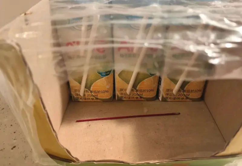 ▲近日有網友在美式賣場好市多（Costco）買回一整箱飲料，喝到一半竟在外包裝發現裡頭有一截燒斷的線香，甚至留有插香的痕跡。（圖／取自臉書社團「Costco好市多 商品經驗老實說」）