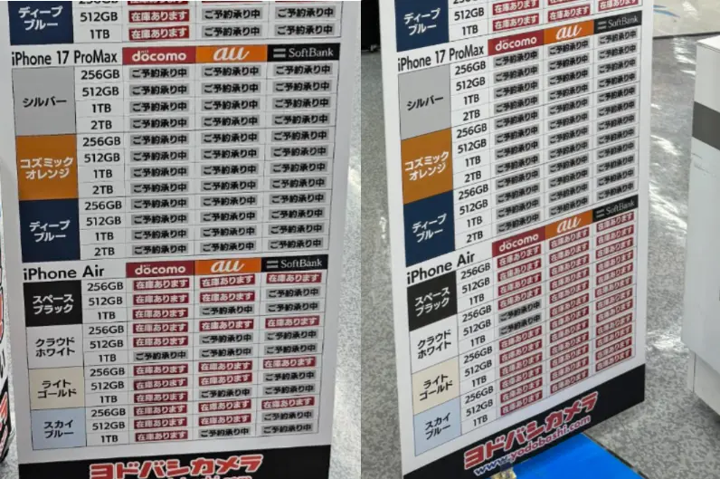    ▲日本知名連鎖家電販售店「友都八喜」(Yodobashi Camera)今日開賣iPhone 17系列，Pro Max全數銷售一空，iPhone Air乏人問津。（圖／翻攝自Ｘ）  