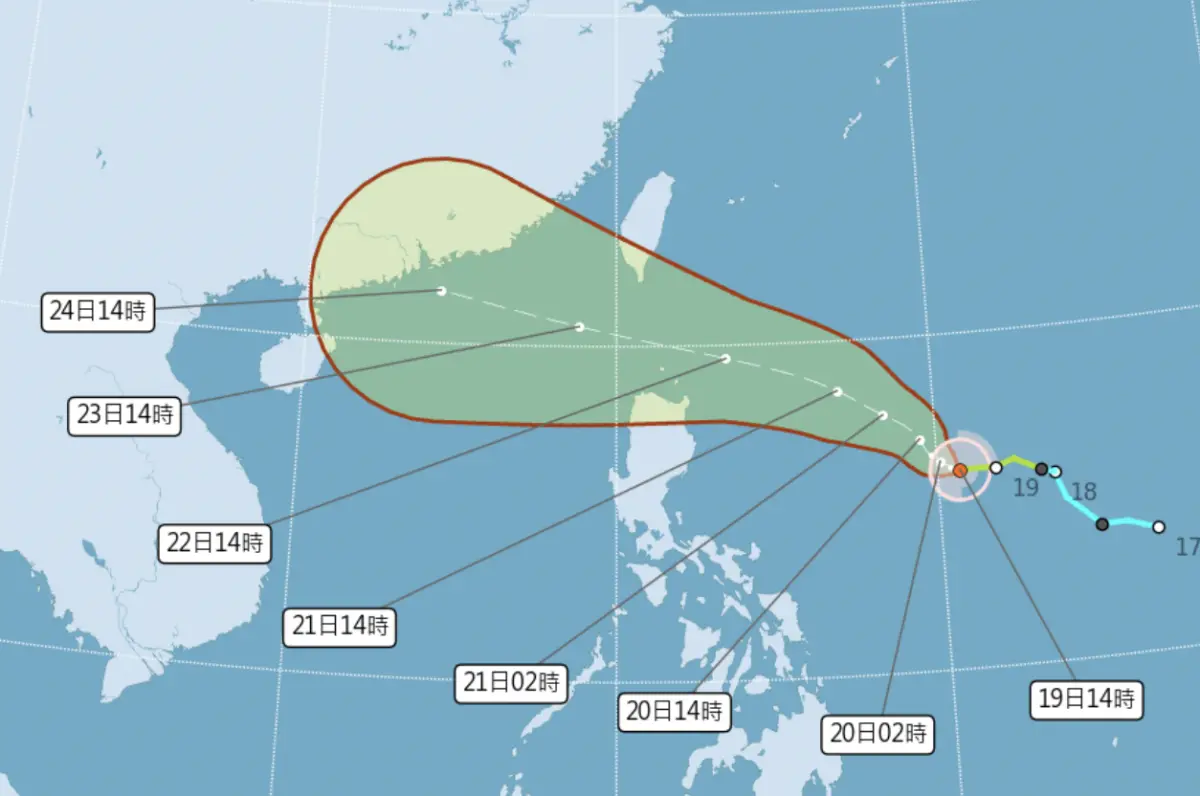 ▲樺加沙颱風快速逼近台灣，預估週日（9/21）下半天可能發布海上警報，下週一（9/22）有機會發布陸警。（圖／中央氣象署cwa.gov.tw）