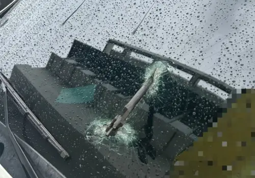 國道鐵鉗從天而降！汽車擋風玻璃遭砸穿　駕駛：要修車還要去收驚
