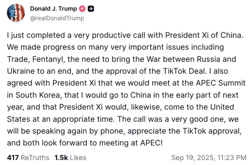 ▲川普稱與習近平通話富有成效。（圖／翻攝自Truth Social）