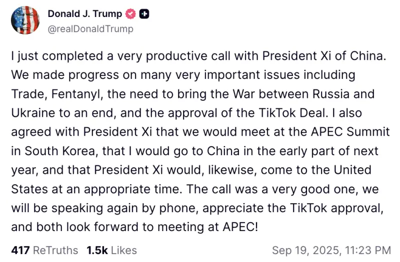    ▲川普稱與習近平通話富有成效。（圖／翻攝自Truth Social）  