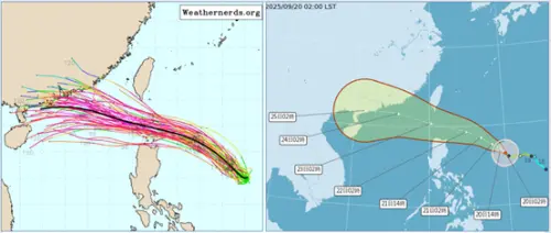 ▲19日20時歐洲系集模式模擬「樺加沙」動向（左圖），與20日2時氣象署「路徑潛勢預測圖」類似（右圖），系集模擬平均路徑通過巴士海峽，個別模擬路徑則分散在兩側，顯示其動向的不確定性。（圖／weathernerd、中央氣象署）