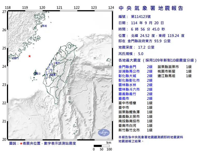 ▲9月20日上午6時56分，金門外海發生規模5.0地震。（圖／中央氣象署www.cwa.gov.tw）