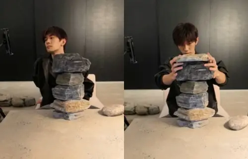 ▲于朦朧疑遭虐殺！易烊千璽（如圖）突直播無聲堆石頭　疑被推出來壓熱搜。（圖／微博@星姐微博）