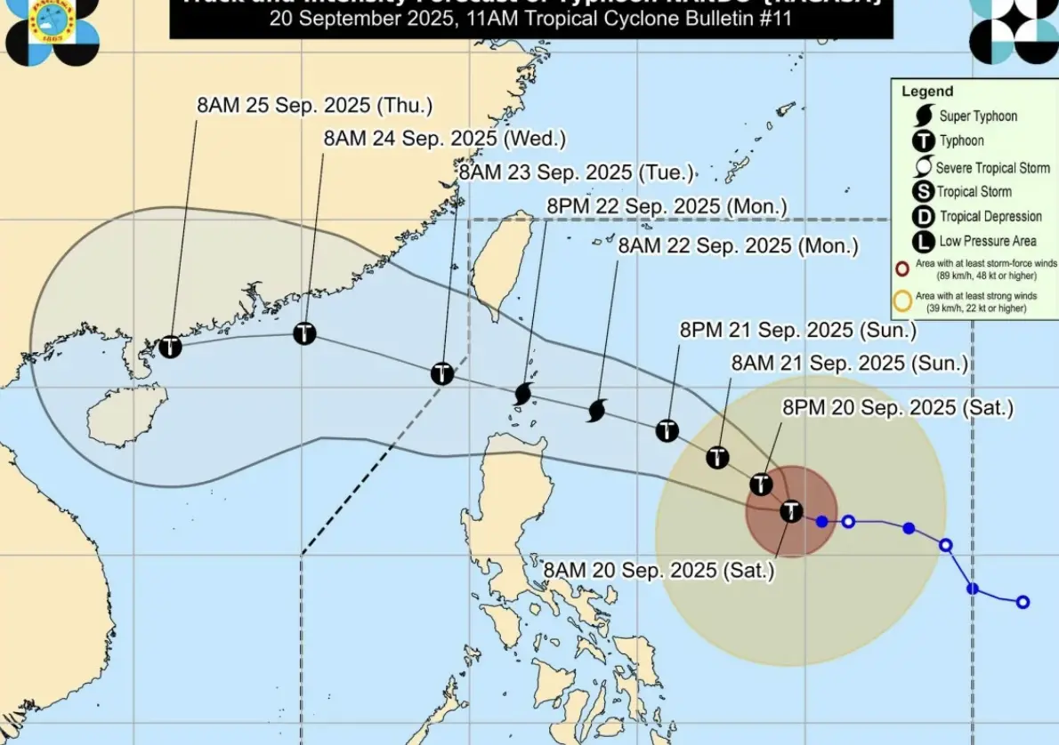▲颱風「樺加沙」在菲律賓海快速增強，未來數日可能進一步成為超級颱風，朝巴丹群島與巴布延群島方向逼近，路徑顯示對台灣南部及東部海域有潛在影響。（圖／翻攝自菲律賓氣象局PAGASA）