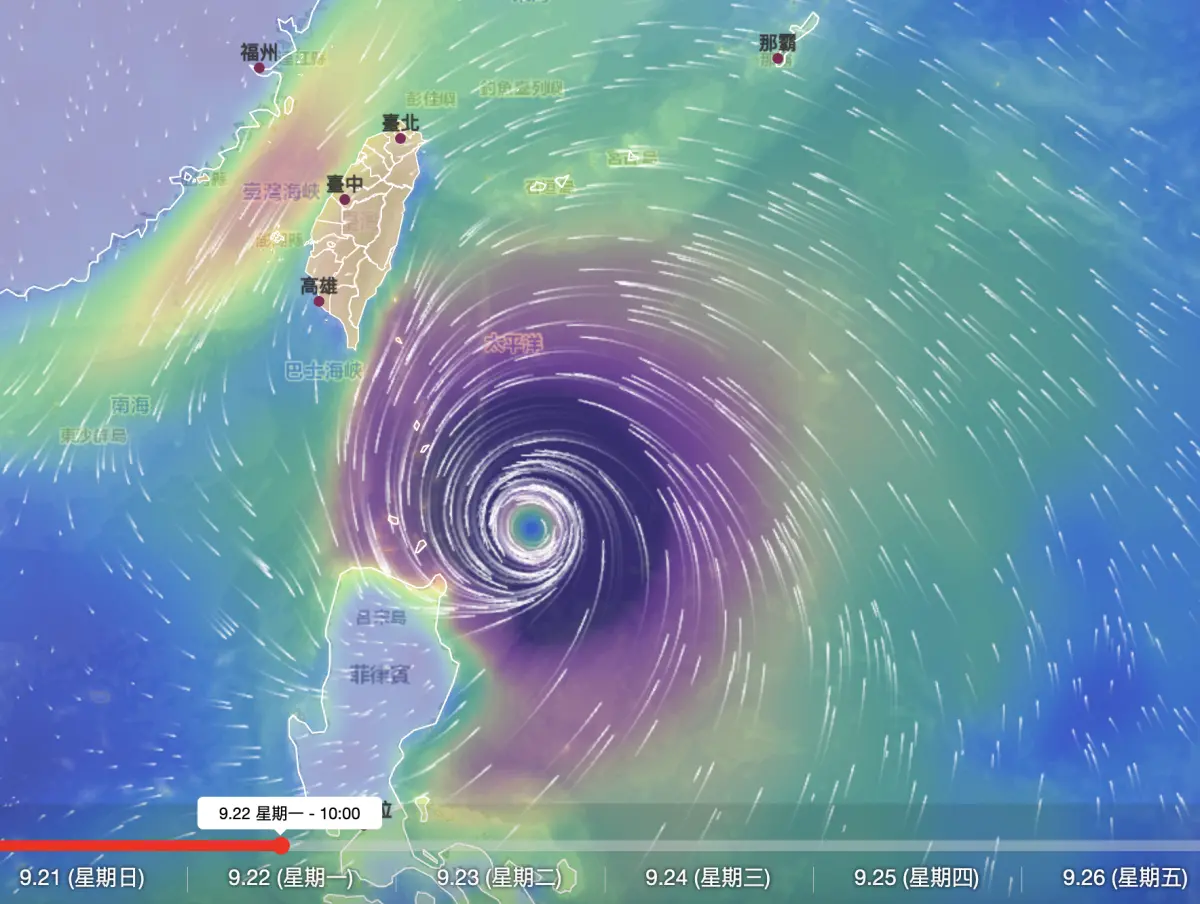 ▲從風場預報顯示圖系統來看，樺加沙颱風週一會相當靠近台灣，天氣會大受影響。（圖／翻攝氣象署官網）