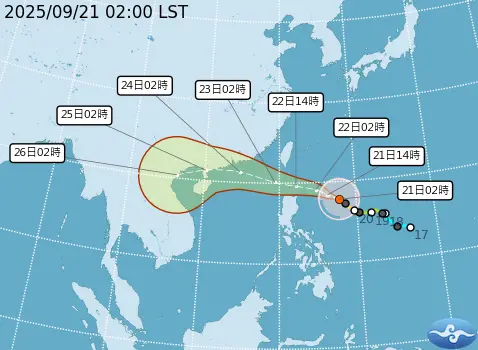 ▲9月21日凌晨2時路徑潛勢預報。（圖／中央氣象署www.cwa.gov.tw）