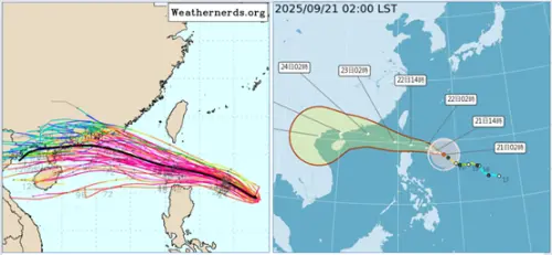 ▲最新歐洲系集模式模擬「樺加沙」的動向，與氣象署最新路徑潛勢預測圖類似，其動向仍有不確定性。（圖／weathernerds、中央氣象署）