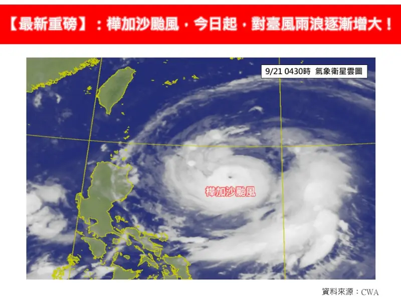 ▲樺加沙颱風預估今（21）日就會增強為「強烈颱風」，今天開始，北台灣、東半部就會出現短暫陣雨。（圖／林老師氣象站）