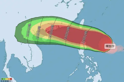 ▲樺加沙颱風路徑以西北西穿過巴士海峽機率較高，暴風圈將會接觸台灣。（圖／中央氣象署cwa.gov.tw）