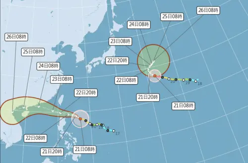▲颱風「樺加沙、浣熊」將成為睽違10年後，再次於西北太平洋共存的2個強烈颱風。（圖／中央氣象署cwa.gov.tw）