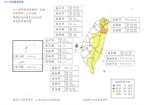 ▲氣象署最新風雨預報資料顯示，明天週一（9/22）並無縣市「預估雨量」達停班課標準。（圖／中央氣象署cwa.gov.tw）