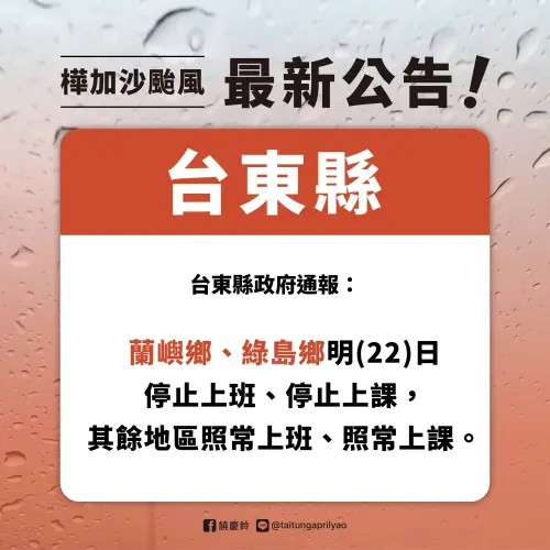 ▲蘭嶼、綠島9月22日停班課，其餘地區正常上班上課。（圖／台東縣政府）