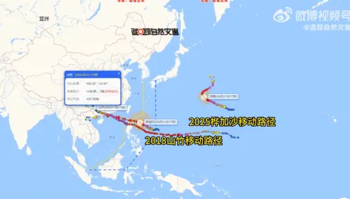 ▲中國科普博主「追蹤自然災害」指出，「樺加沙」颱風的路徑，與2018年的山竹颱風相當類似。（圖／翻攝自微博）