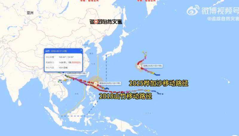   ▲中國科普博主「追蹤自然災害」指出，「樺加沙」颱風的路徑，與2018年的山竹颱風相當類似。（圖／翻攝自微博）  