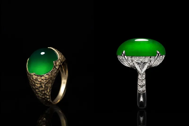 ▲(左)【凝練】蛋面翡翠戒指。(右)【光耀富貴】蛋面翡翠鑲鑽戒指。（圖／玉世家提供）