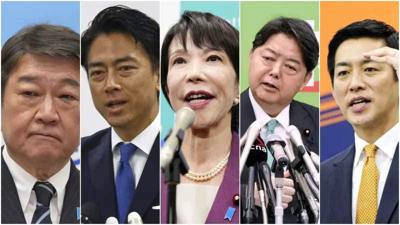 ▲日本執政黨自民黨總裁選舉即將於10月4日投票，圖為此次參選的五名候選人，從左至右分別為茂木敏充、小泉進次郎、高市早苗、林芳正、小林鷹之。（圖／美聯社／達志影像）
