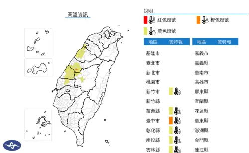 ▲中央氣象署今（22）日下午2點30分針對台中市、新竹市、苗栗縣、彰化縣、南投縣、雲林縣發布「高溫警示」，詳細影響範圍出爐。（圖／中央氣象署）