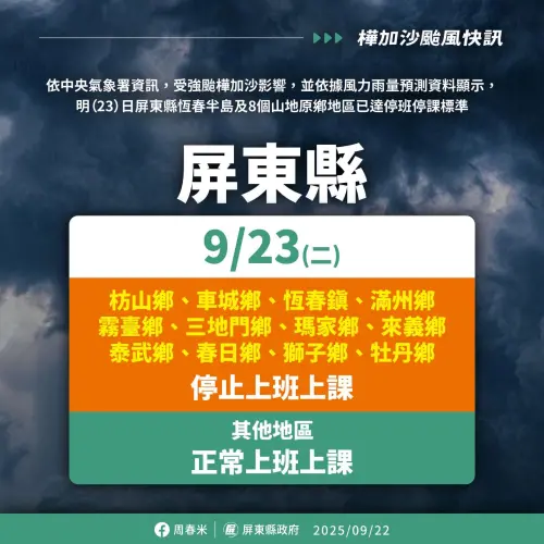 ▲屏東縣12鄉鎮明（23）日停止上班、停止上課。（圖／屏東縣政府）