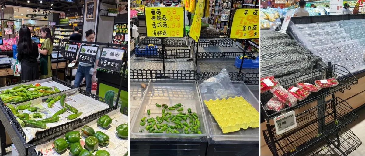 ▲強烈颱風樺加沙正襲向廣東，22日多地超市的蔬菜都已經被搶購一空，只留下辣椒，引發網友熱議。（圖／翻攝自微博）