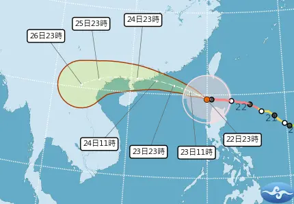 ▲樺加沙颱風路徑在今天下半天進入南海，隨後往西北墻往港澳、中國廣東地區。（圖／中央氣象署cwa.gov.tw）