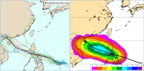 ▲最新歐洲模式系集模擬顯示，未來一週另有一熱帶擾動在菲律賓東方海面發展，系集平均路徑大致通過菲律賓、朝海南島前進，成颱的機率約70%。（圖／氣象應用推廣基金會．洩天機教室專欄）