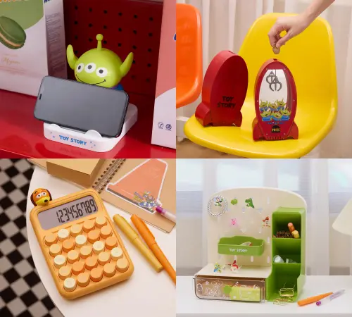 ▲「三眼怪款 不倒翁手機座」、「彈簧狗款 公仔計算機」、「三眼怪款 木製存錢筒」、「洞洞板置物盒」。（圖／康是美提供）