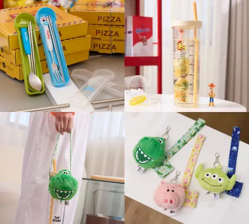 ▲「三眼怪款 不倒翁手機座」、「彈簧狗款 公仔計算機」、「三眼怪款 木製存錢筒」、「洞洞板置物盒」。（圖／康是美提供）